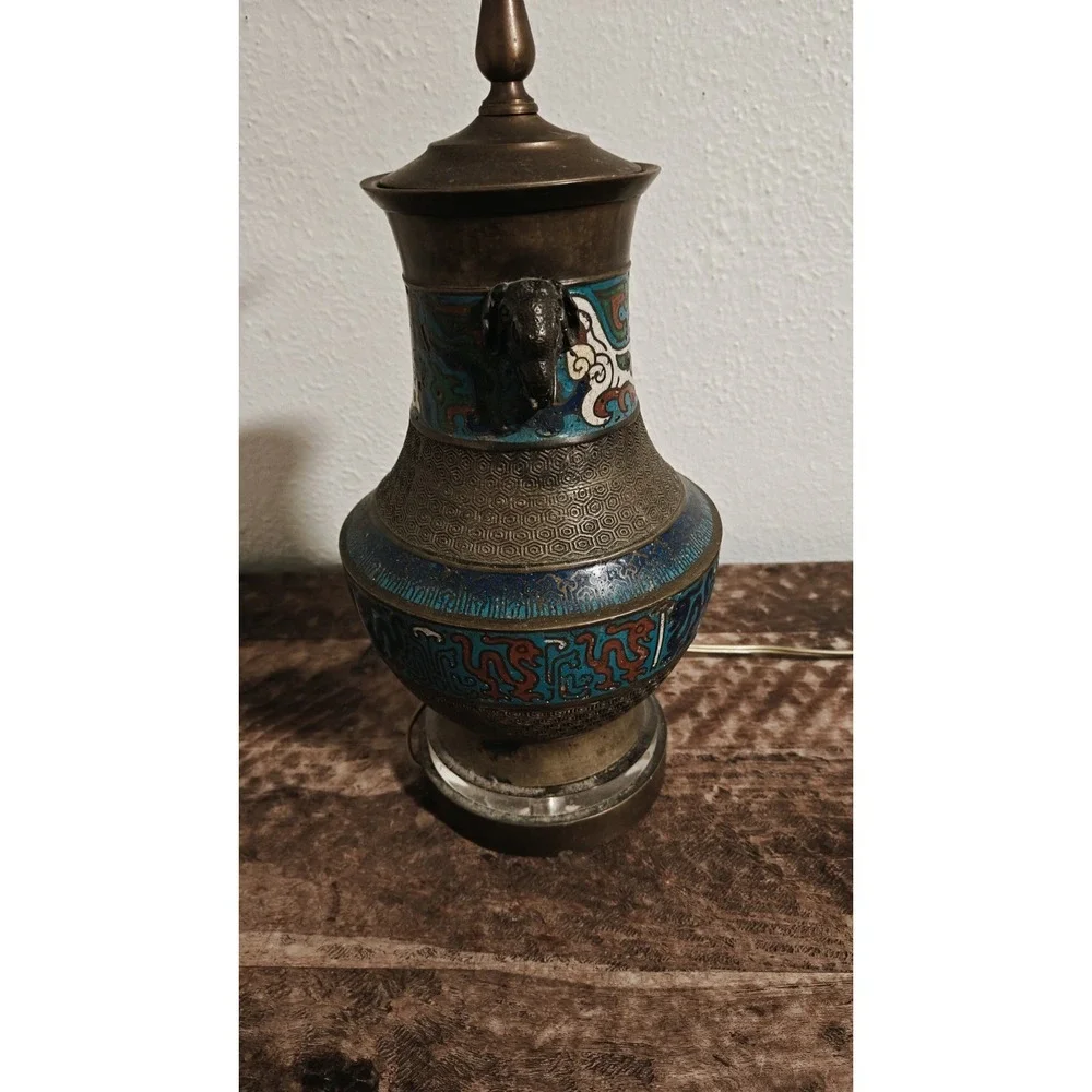 Vintage Japanese Champleve Bronze Enamel Cloisonne Table Lamp Works!